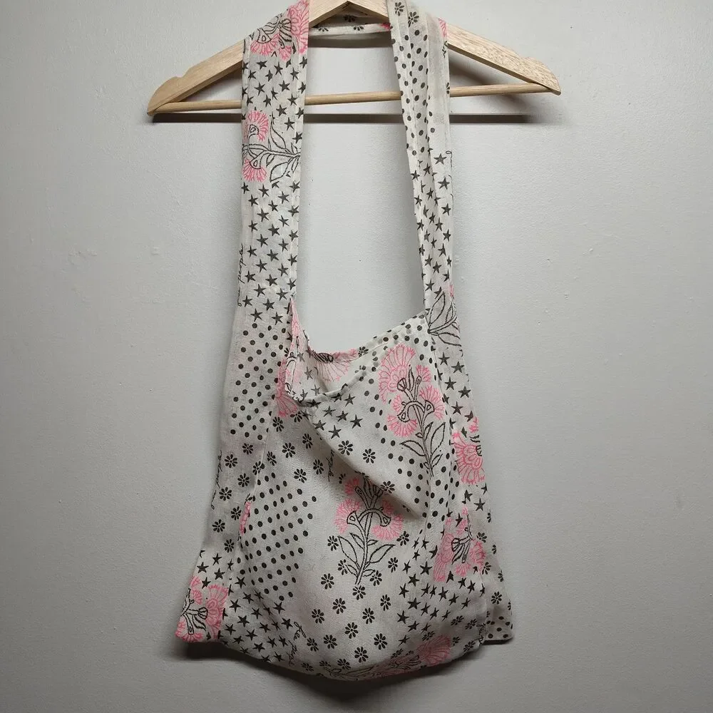 Free People Reusable Bag Cream Floral Logo Sheer Lightweight Boho Sustainable